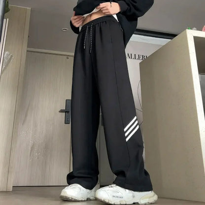 saferido American Trendy Vintage Summer Loose Sports Wide Leg Pants Men Pocket Striped Elastic Wait Drawstring Casual Straight Trousers