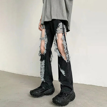 saferido Y2K Unisex Perforated Jeans Mens Summer Korean 2024 Slim Design Straight Wide Leg Denim Pants LGBT Man Sexy Ripped Fringed Jeans