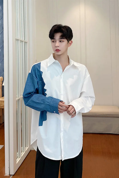saferido Spring Autumn Korean retro denim stitching shirt men's Korean loose casual design Fashion Show Punk Rock Style Dress Shirts