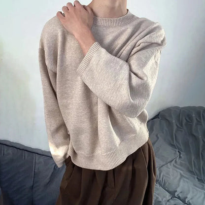 saferido Mens Autumn Japanese Lazy Style Sweater 2024 New Essential Round Neck Loose Casual Simple Solid Color Long-Sleeve Sweater For Men