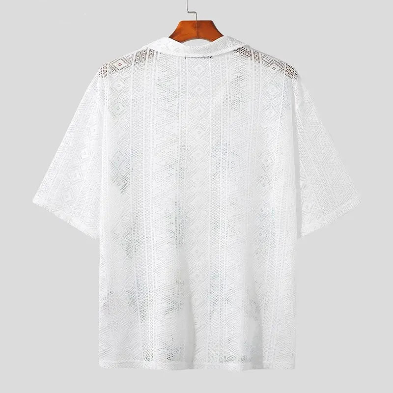 Stylish Casual Style Tops Men's See-through Tracery Printing Pattern Blouse Male Hot Selling Short Sleeved Shirts S-5XL