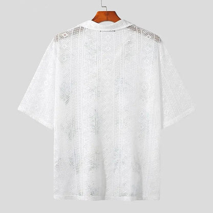Stylish Casual Style Tops Men's See-through Tracery Printing Pattern Blouse Male Hot Selling Short Sleeved Shirts S-5XL