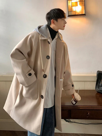 Hooded Blends Men Korean Style Lace-up Spliced Single Breasted Spring Autumn Temperament Streetwear Tender Advanced Classic