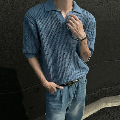 Summer Men's Clothing Light Luxury Korean Popular Hollow Out Polo Shirt Leisure V Neck Short Sleeve Solid Color Retro Knitwear