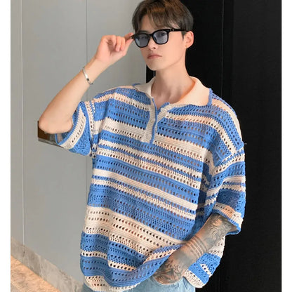 saferido American retro striped contrasting knitted polo shirt loose summer new style lapel casual short sleeved men and women T-shirt