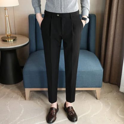 saferido British Style Men High Waist Dress Pants Autumn Solid Color Casual Trousers Slim Fit Formal Suit Pants Fashion Men Clothing 38