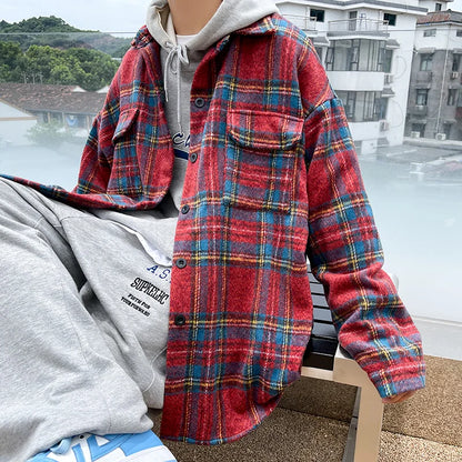 saferido Thick Plaid Woolen Coat Men Warm Oversized Retro Thickened Woolen Jacket Mens Streetwear Korean Loose Short Woolen Coat Men