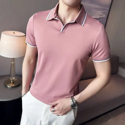 saferido  Summer New Style Men's Casual Slim Fit Short Sleeve Solid Color POLO Shirt British Slim Lapel Color Blue T-shirt Polo S-4XL