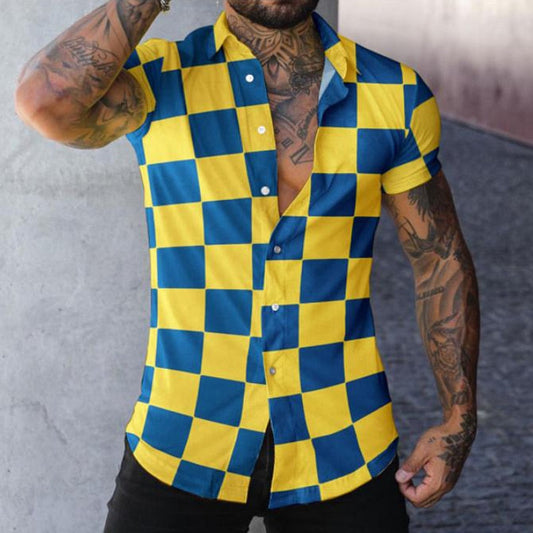 Vintage Plaid Printing Short Sleeve Mens Shirt Clothes Fashion Turn-down Collar Buttoned Tops Men's Summer Loose Casual Shirts