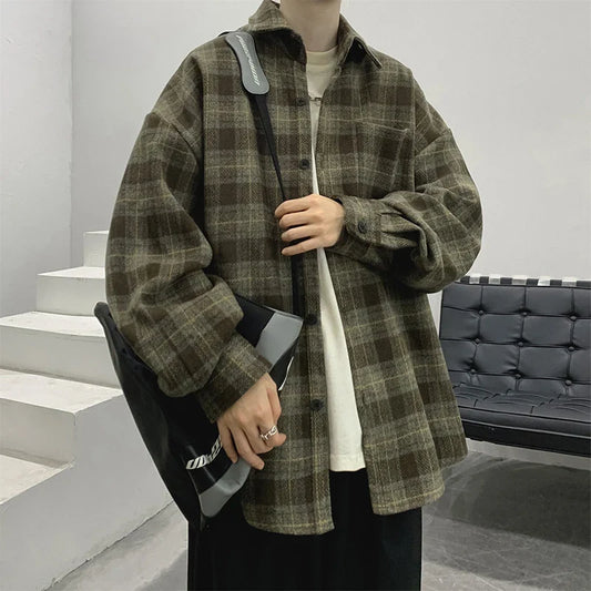 Autumn Clothing Men's Luxury Texture Plaid Shirts Japanese Vintage Big Size Solid Color Long Sleeve Check Shirts Fashion Leisure