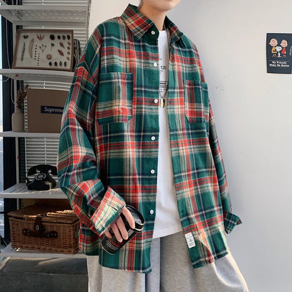 saferido Long Sleeved Shirt Men Oversized Fashion Retro Plaid Shirt Men Streetwear Loose Casual Shirt Mens Vintage Shirts Plus Size 5XL
