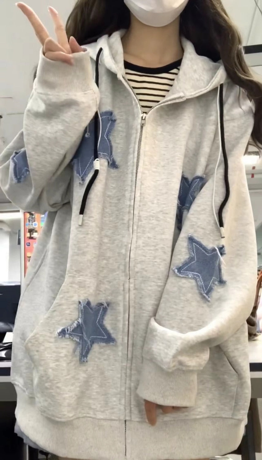 Star Zip Up Hoodie Y2k Fashion High Street Hip Hop Flocking Hoodies Women Clothing Loose Sweatshirt Clothes Tops Gothic Korean