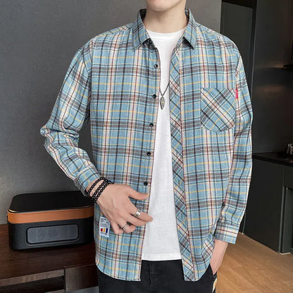saferido Button Turn-down Collar Sven Simplicity Pockets Handsome Lattice Shirts Loose Men's Clothing Fashion Casual Spring Summer Thin