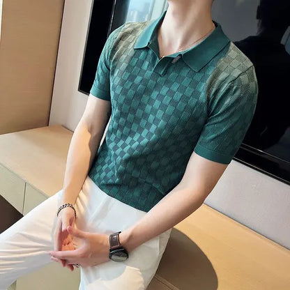 saferido British Style Men's Summer Casual Short Sleeves Polo Shirts/Male Slim Fit High Quality Plaid Business Knitting POLO Shirts S-4XL
