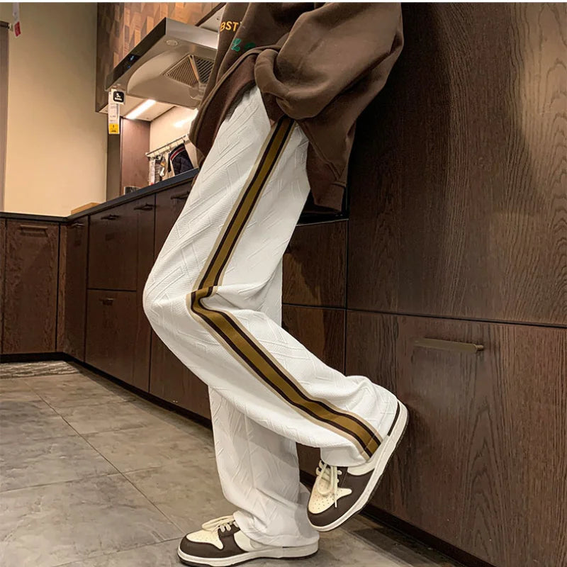 saferido 2024 Spring And Summer New Trendy American Style Versatile Straight Solid Color Striped Pants Loose Casual Sports Trousers Men's