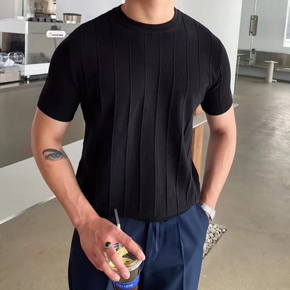 Summer Men Knit Ice silk T shirts High Quality Solid Color Stripe Short sleeve O-neck Tee Tops Mens Thin Slim Fit T-Shirts