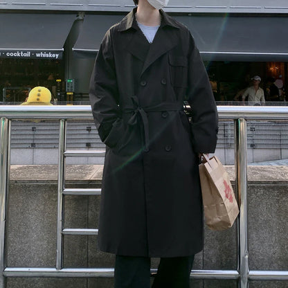 saferido Korean style Autumn New Trench Coat Male Pocket Decor Streetwear Windbreaker Trenchcoat Men Solid Casual Loose Office Overcoat