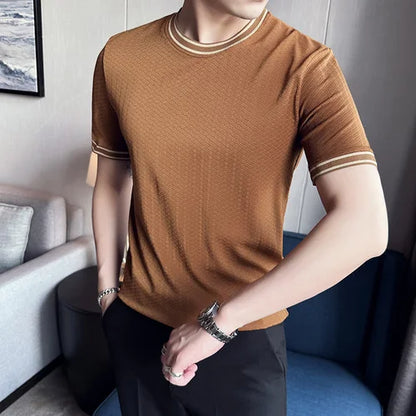 saferido British style Men's summer casual short sleeves Jacquard ice silk T-shirt/Male slim fit Round neck fashion T-shirts S-4XL