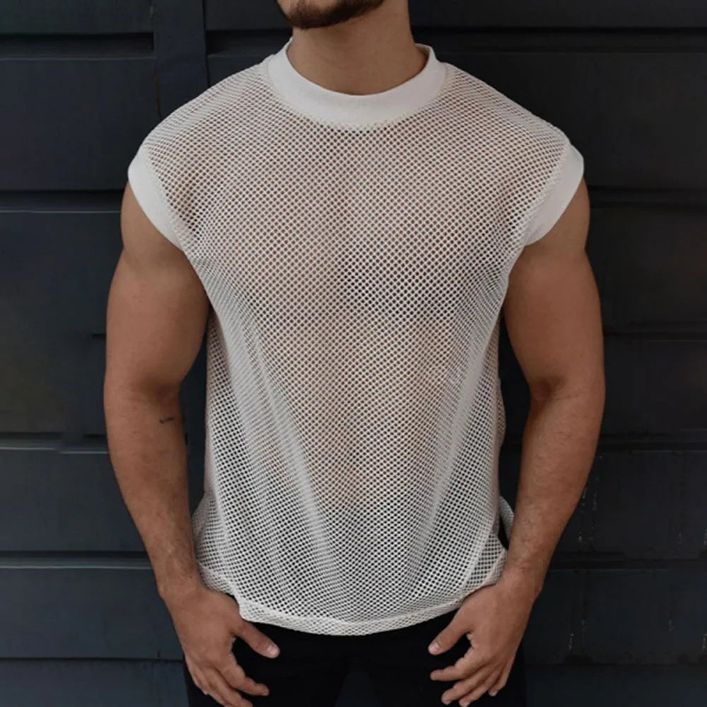 Summer New Mens Fashion Transparent Mesh Vest Sexy Perspective Solid Color Mesh Sports Casual Sleeveless Top Men Clothing