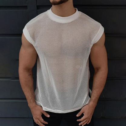 Summer New Mens Fashion Transparent Mesh Vest Sexy Perspective Solid Color Mesh Sports Casual Sleeveless Top Men Clothing