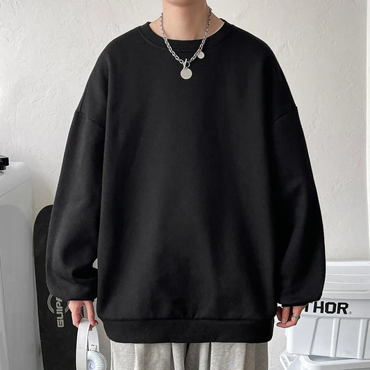 saferido Harajuku Sweatshirts Men Korean Solid Color Basic O Neck Oversized Pullovers Spring Autumn Simple Fashion Casual Tops 5XL-M
