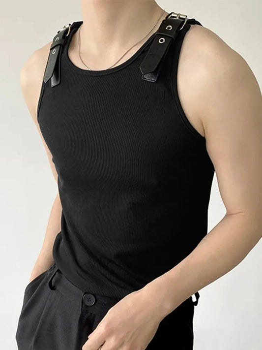 Men Tank Tops Solid Color PU Leather Button Sleeveless Streetwear O-neck Vests Summer Fashion Men Clothing S-5XL 7