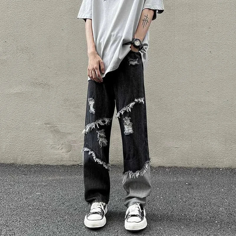 saferido American Style Fringed Denim Pant Tide Small Group Stitching Harajuku Wind Loose Stitching Burr High Street Casual Y2k Pants Men