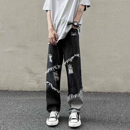 saferido American Style Fringed Denim Pant Tide Small Group Stitching Harajuku Wind Loose Stitching Burr High Street Casual Y2k Pants Men