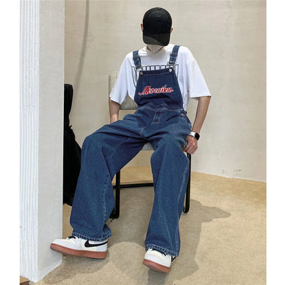 saferido Loose Printed Letters Jeans Blue Overalls Men's Oversize Casual Hiphop Straight Wide-leg Pants Four Seasons Work Denim Trousers