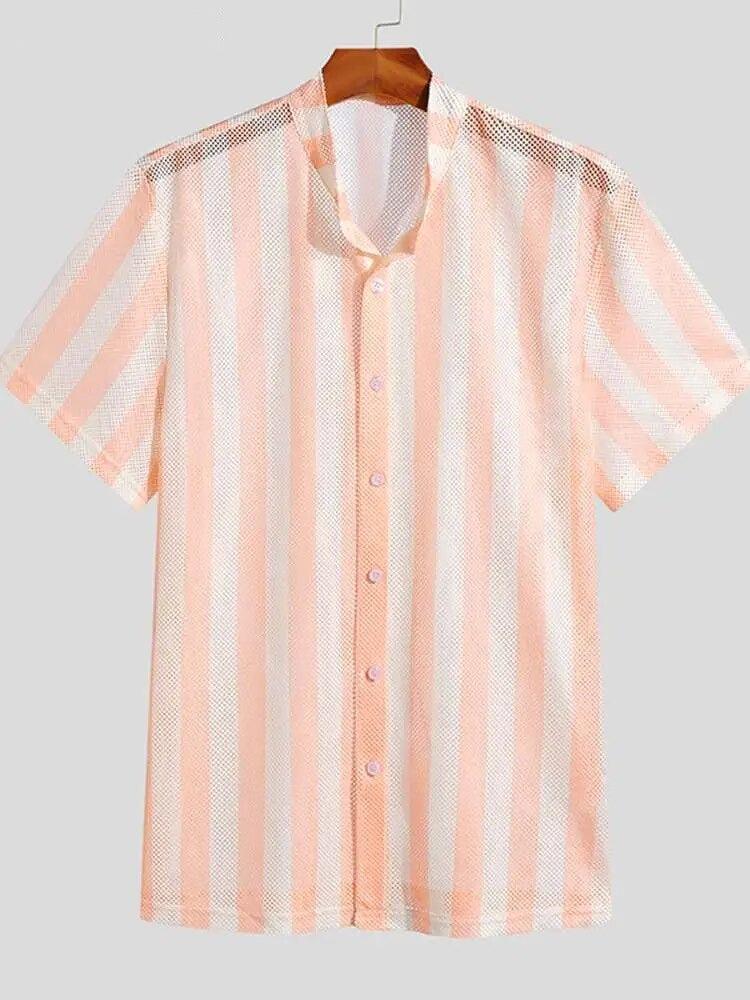 Casual Well Fitting Men's Mesh Striped Slightly Breathable Blouse Vacation Leisure Style Male Short-sleeved Shirts S-5XL