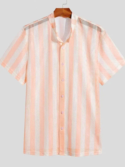 Casual Well Fitting Men's Mesh Striped Slightly Breathable Blouse Vacation Leisure Style Male Short-sleeved Shirts S-5XL