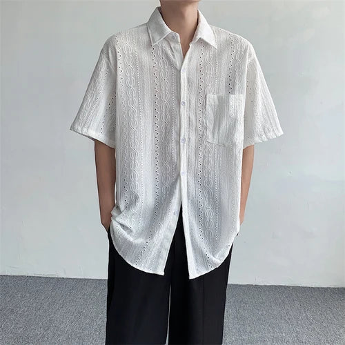 Korean Fashion Hollow Shirt for Men Summer Short Sleeve Button Trend Loose Niche Design Handsome Cotton Casual Shirts Men