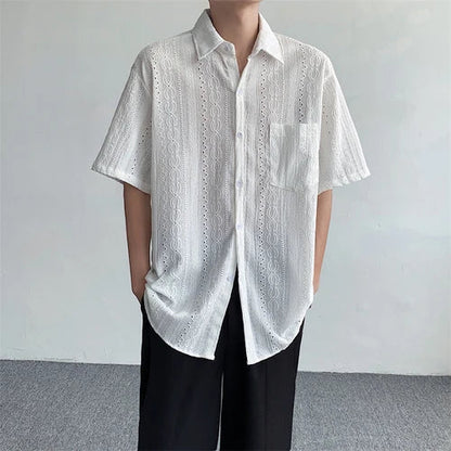 Korean Fashion Hollow Shirt for Men Summer Short Sleeve Button Trend Loose Niche Design Handsome Cotton Casual Shirts Men