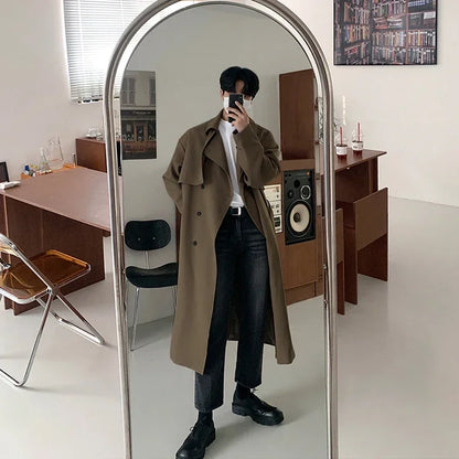 saferido British Style Trench Men Solid Double Breasted Oversize Long Coats Stylish Outwear Hombre Korean Style Streetwear BF Windbreaker