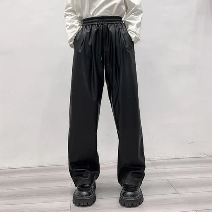 saferido Casual Drawstring PU Leather Long Pants Men Trousers Spring Fall  Loose Y2k Elastic Waist Straight Wide Leg Faux Leather Pants