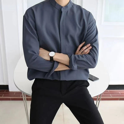 New Silk Senior Sexy Dark Blue Shirt for Men Solid Color Long Sleeve Stand-up Collar Loose Business Casual Iron-free Shirt