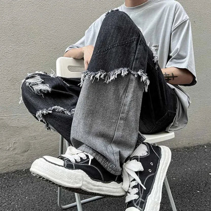 saferido American Style Fringed Denim Pant Tide Small Group Stitching Harajuku Wind Loose Stitching Burr High Street Casual Y2k Pants Men