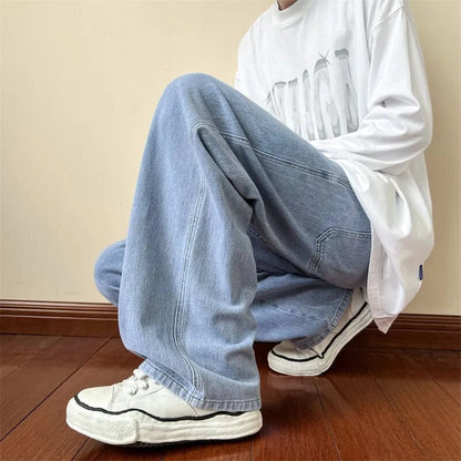 Men's Trendy Brand Loose Straight Leg Denim Pants Hip Hop Solid Color Casual Trousers Harajuku Male Bottoms