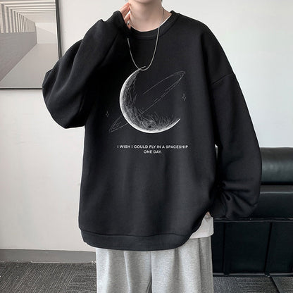 Winter Warm Sweatshirts New Men Simple Stroke Moon Graphic Pullovers Oversized Korean Style Man Letter Print O Neck Tops
