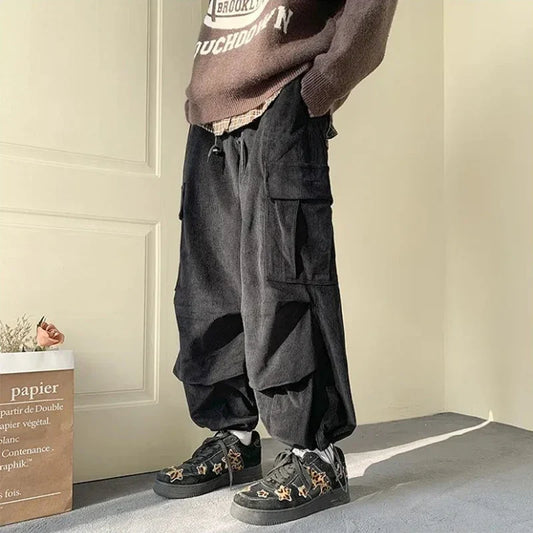 saferido Vintage Corduroy Pants Men Fashion Oversize Pocket Cargo Trousers Streetwear Fashion Hip Hop Loose Straight Pants Male Joggers