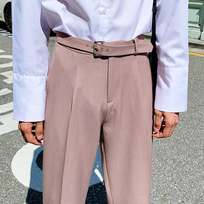 Korean Belt Suit Pants Men Fashion Solid Color Casual Dress Pants Men Loose Straight Trousers Mens Office Formal Trousers 28-34