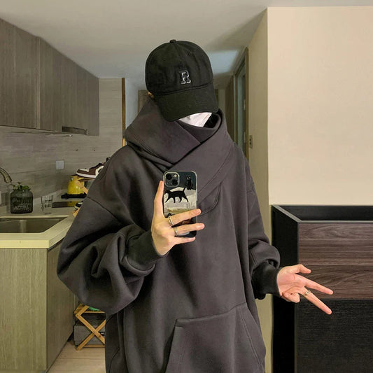 saferido Harajuku High Collar Loose Hoodie Spring Hip Hop Sweatshirt Hooded Baggy Fashion Streetwear Black/Gray Long Sleeve Men Hoodies