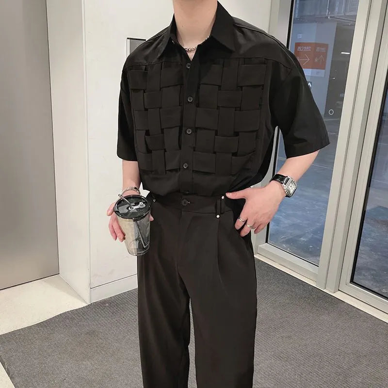 Men's Clothing Summer New Short Sleeve Stand Collar Cross Organization Solid Color Spliced Button Loose Hong Kong Breeze Shirt