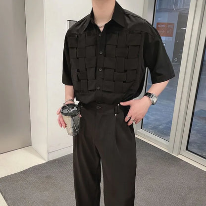 Men's Clothing Summer New Short Sleeve Stand Collar Cross Organization Solid Color Spliced Button Loose Hong Kong Breeze Shirt