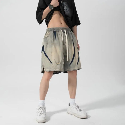 saferido Yellow Mud Vintage Denim Shorts Men's Water Wash Fashion Brand American Vintage Loose Street Hip Hop Split Pants
