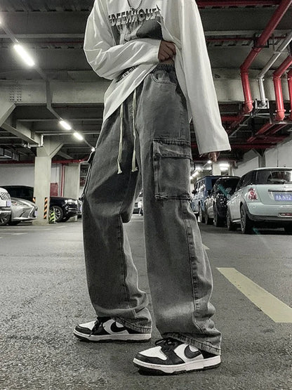 saferido Unisex Workwear Jeans Men Hip Hop Streetwear Denim Pants Spring Autumn Chic Hong Kong Style Wide Leg Straight Trousers