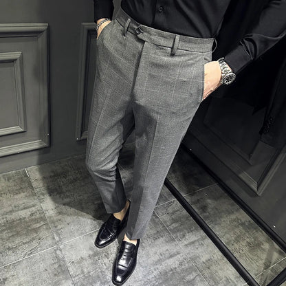 saferido Men Slim British Style Suits Pants Business Casual Trousers Male Solid Fit Trousers High Quality Man Formal Wear Plaid 36 38