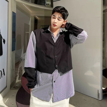 saferido Spring and Autumn New Men's Patchwork Fashion Casual Long-Sleeve Striped Blouse Tops Loose High Quality Design Shirts T60
