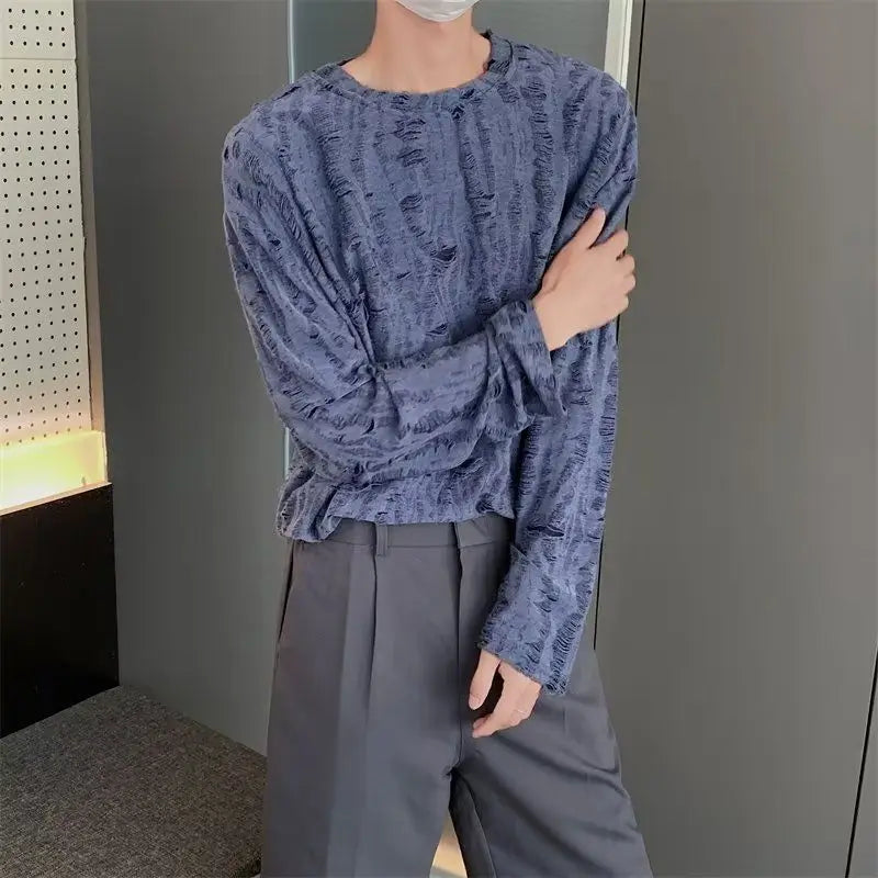 Korean INS Niche Design Men Clothing Round Neck Hole T-shirt Men and Women Long Sleeve Retro Loose Casual Drape Mens T Shirts