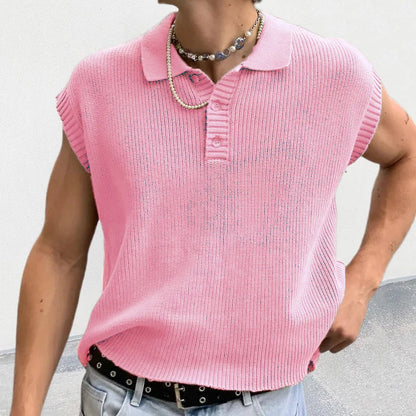 Solid Knitting Tops Men Sleeveless Buttoned Turn-down Collar Knit Vest Shirts Spring Summer Men's Clothing Fashion